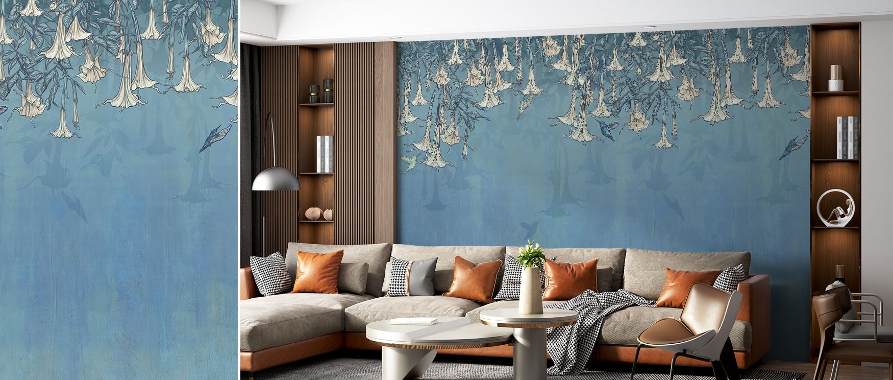 Hummingbirds paired with trumpet blossoms painted in vivid blue tones enrich interiors with artistry, charm, and vitality, transforming bedrooms, living areas, or offices into cheerful retreats filled with freshness, natural imagery, and stylish refinemen