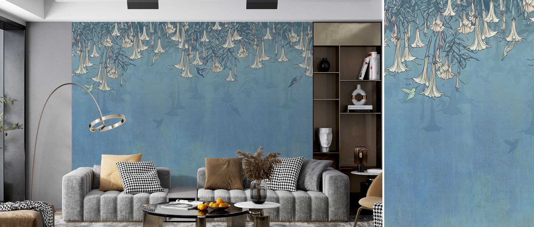 Trumpet blossoms illustrated with hummingbirds in blue tones spread richly across the wallpaper, enriching interiors with artistry, charm, and vitality, turning bedrooms, lounges, or offices into uplifting retreats enriched with natural beauty and cheerfu
