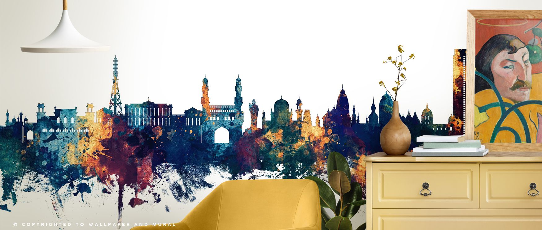Skyline motifs of Hyderabad illustrated in blue and bronze tones enrich interiors with artistry, charm, and resonance. Bedrooms, offices, or living spaces gain cultural refinement as walls transform into striking canvases filled with elegance. Each motif 