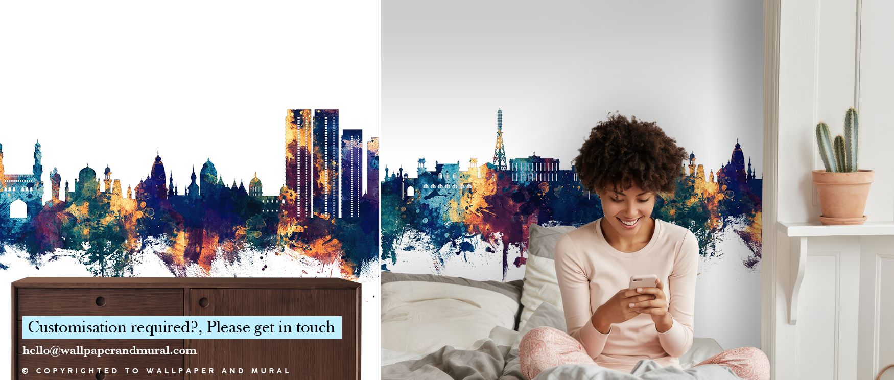 Hyderabad skyline imagery painted in blue with bronze highlights spreads richly across the wallpaper, enriching interiors with charm, artistry, and refinement. Bedrooms, living rooms, or offices gain resonance as walls radiate cultural artistry. Each line