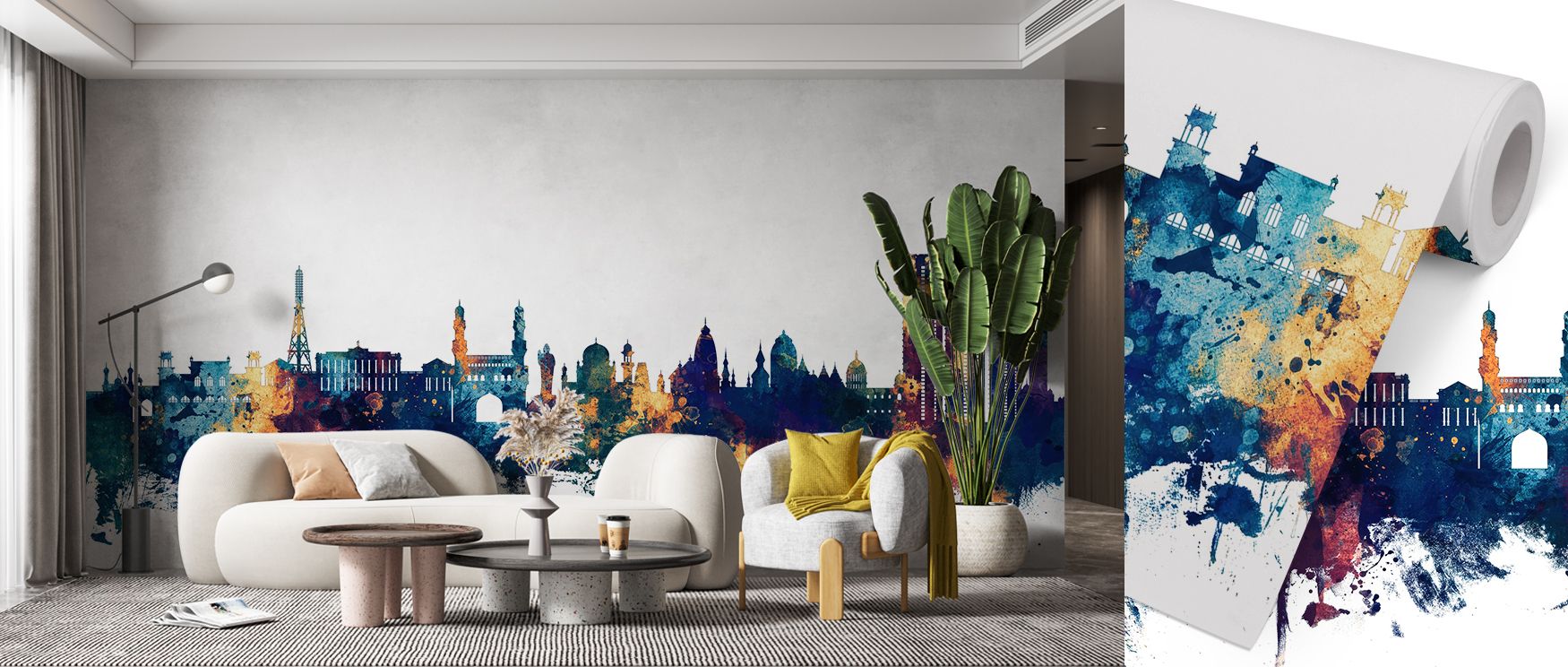 City silhouettes of Hyderabad illustrated in deep blue with bronze highlights spread across the wallpaper, enriching interiors with charm, artistry, and refinement. Bedrooms, offices, or living spaces gain stylish imagery that radiates cultural resonance.