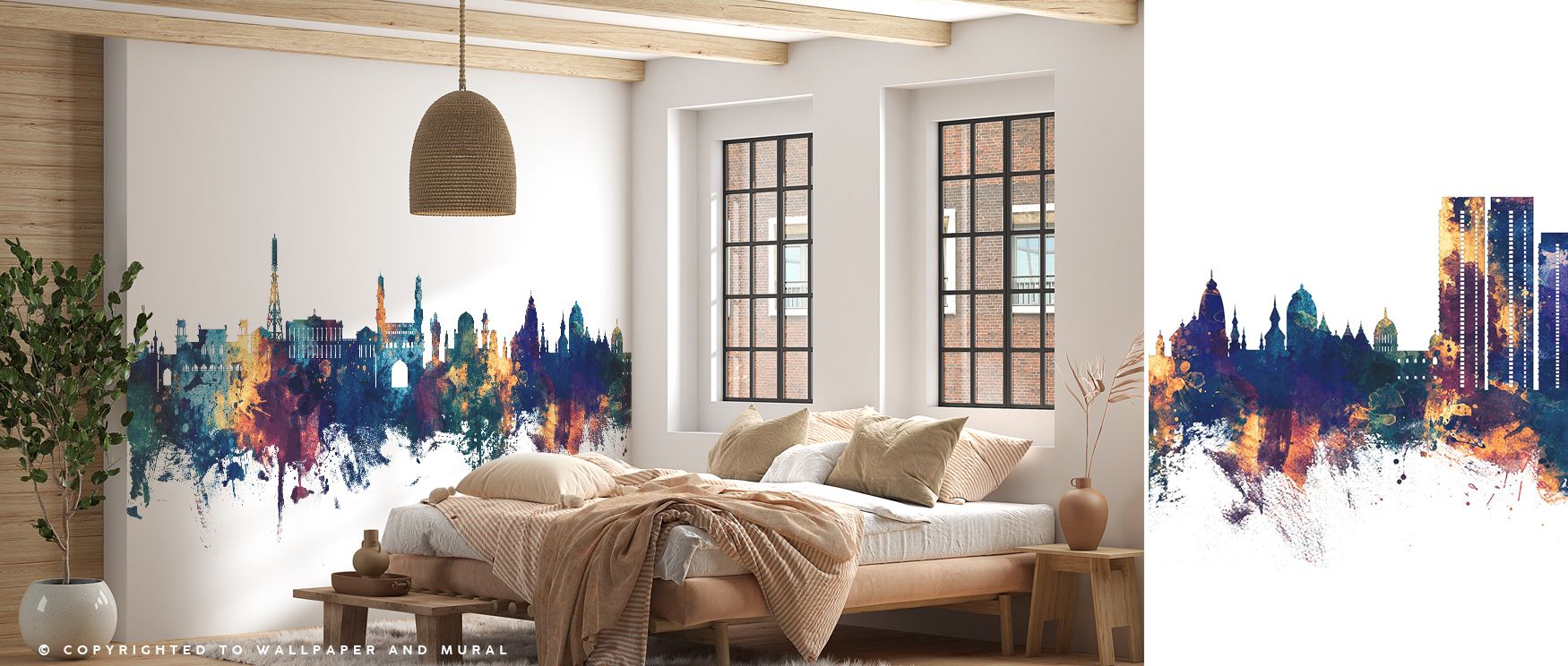 Hyderabad’s skyline depicted in rich blue and bronze tones fills the wallpaper with artistry and cultural depth. Bedrooms, lounges, or offices gain stylish retreats filled with refinement. Each line celebrates heritage while radiating elegance. The design