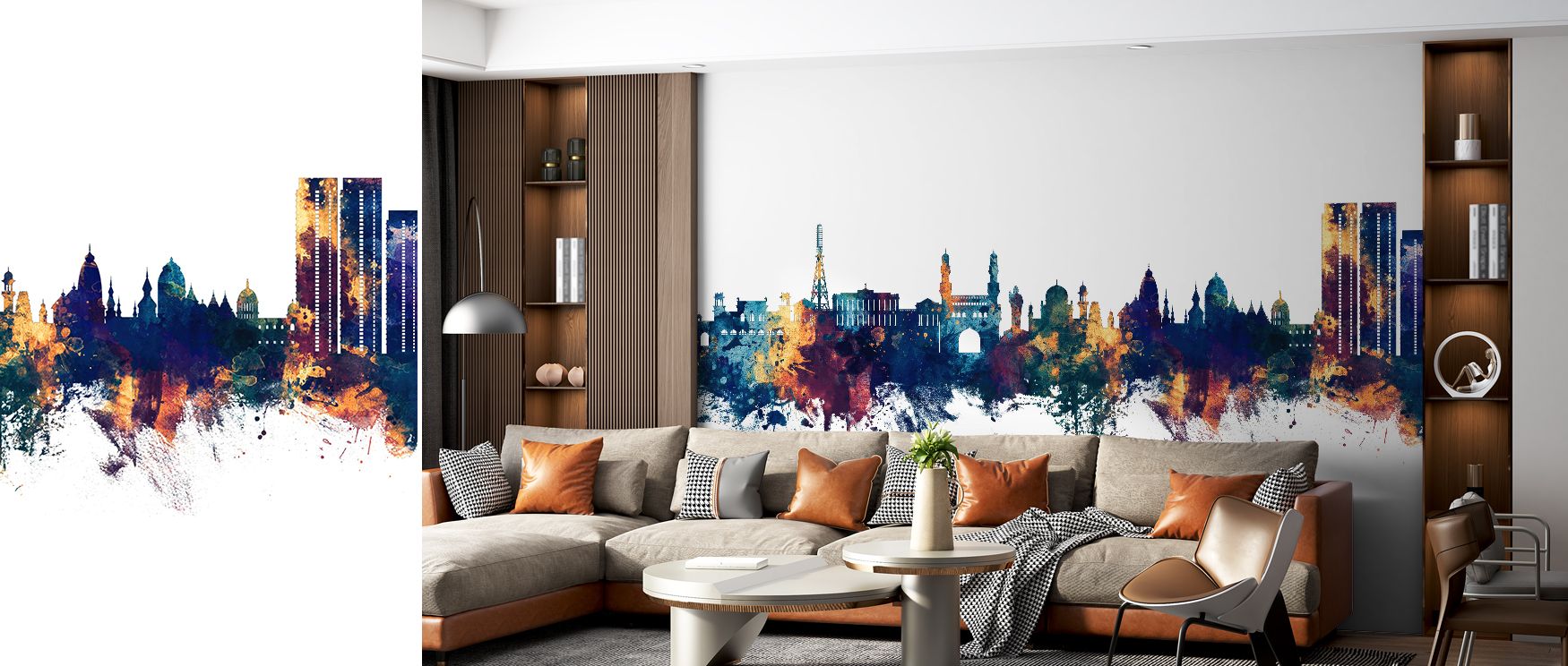 Skyline imagery of Hyderabad painted in bold blue and luminous bronze tones enriches interiors with artistry and refinement. Bedrooms, offices, or living rooms gain stylish resonance, turning walls into cultural canvases filled with vibrancy and charm. Ea