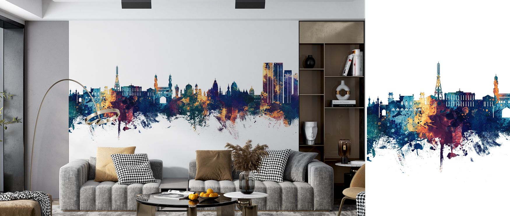 Hyderabad’s architectural silhouettes painted in deep blue and bronze tones enrich interiors with artistry, charm, and cultural resonance. Bedrooms, offices, or living rooms gain stylish retreats filled with elegance. Each motif celebrates heritage imager