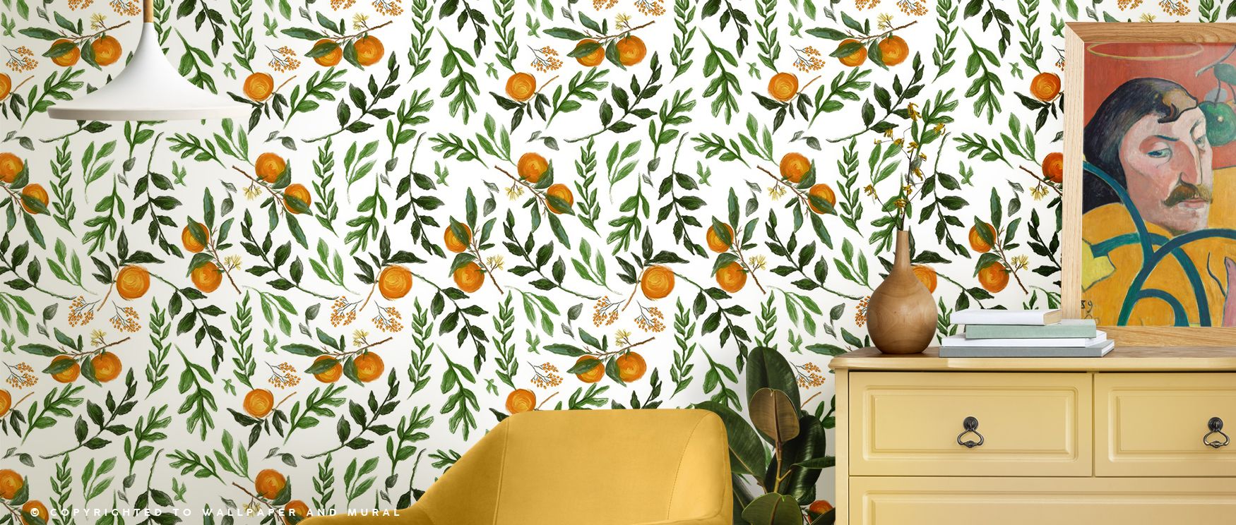 Oranges illustrated in botanical tones enrich interiors with freshness, charm, and artistry. Kitchens, living rooms, or dining spaces become vibrant retreats filled with cheer. Each motif radiates vitality and refinement, making walls lively and stylish. 