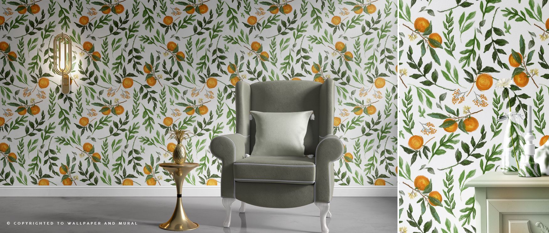 Citrus imagery of oranges painted in vivid tones spreads across the wallpaper, enriching interiors with artistry and vitality. Kitchens, dining areas, or lounges become lively retreats filled with abundance and cheer. Each motif radiates charm, turning wa