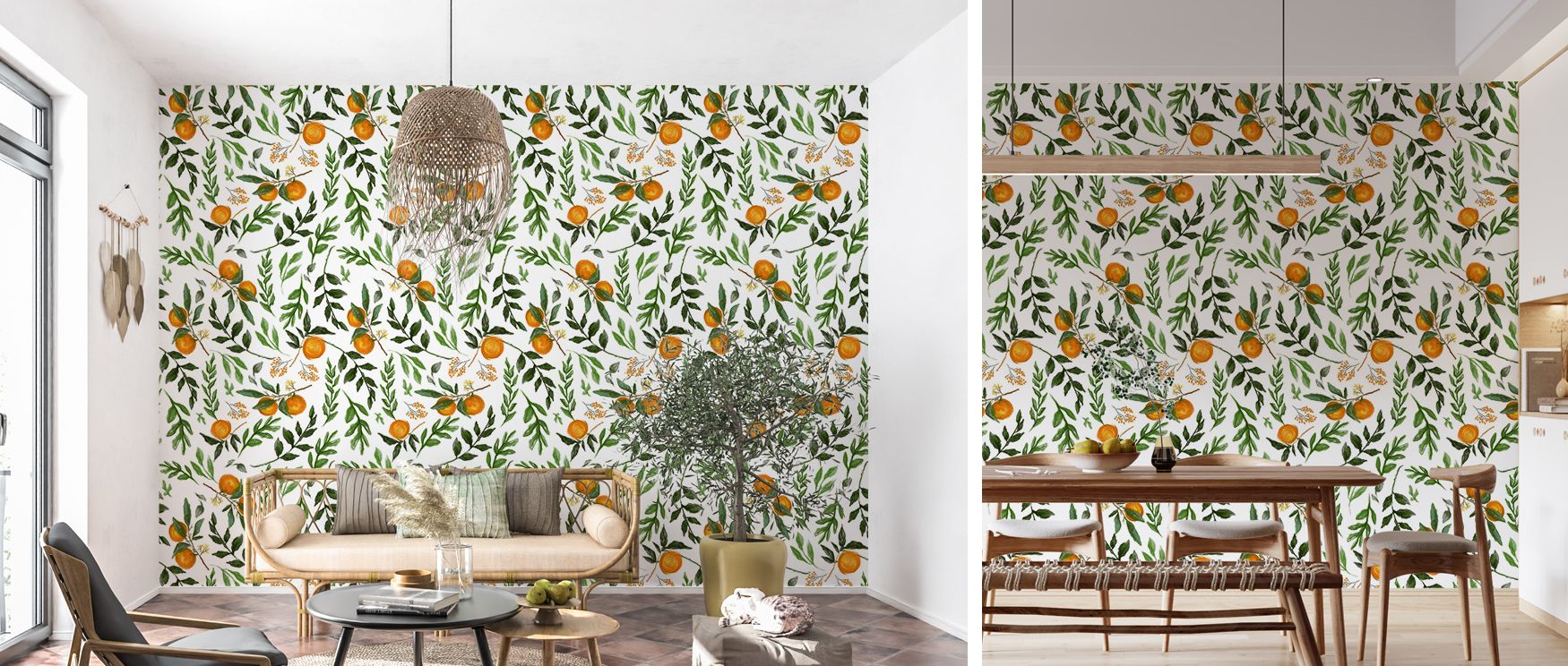 Botanical imagery of citrus branches depicted in vivid tones spreads across the wallpaper, enriching interiors with artistry, charm, and freshness. Kitchens, living spaces, or dining rooms gain vibrant retreats filled with vitality. Each motif radiates ab