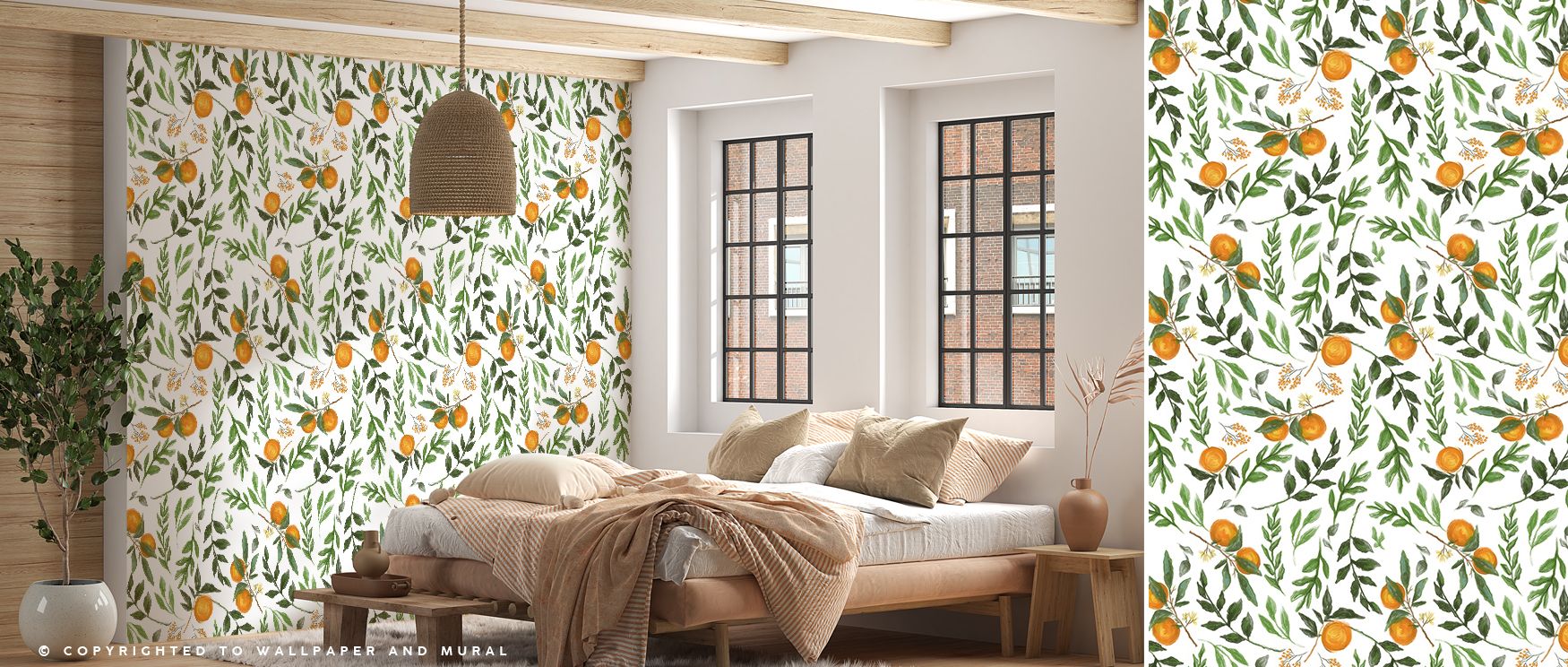 Orange branches painted in vibrant tones enrich interiors with artistry and charm. Kitchens, lounges, or dining spaces become lively retreats filled with vitality and refinement. Each motif radiates abundance, turning walls into cultural showcases filled 