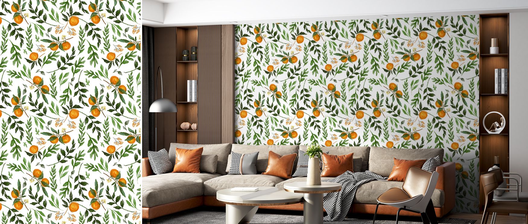 Citrus motifs of orange branches illustrated in lush tones enrich interiors with artistry, charm, and vibrancy. Kitchens, dining areas, or living spaces gain freshness as walls radiate abundance. Each motif balances vitality with elegance. Interiors becom