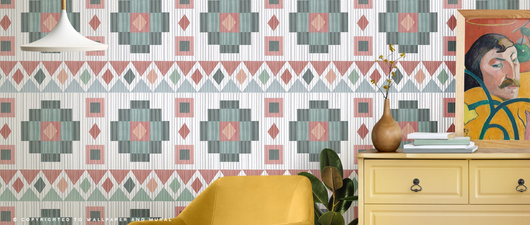 Geometric Ikat patterns illustrated in bold tones enrich interiors with artistry and style. Bedrooms, offices, or living rooms gain vibrancy as walls transform into cultural showcases filled with rhythm, balance, and refinement. Interiors become stylish r