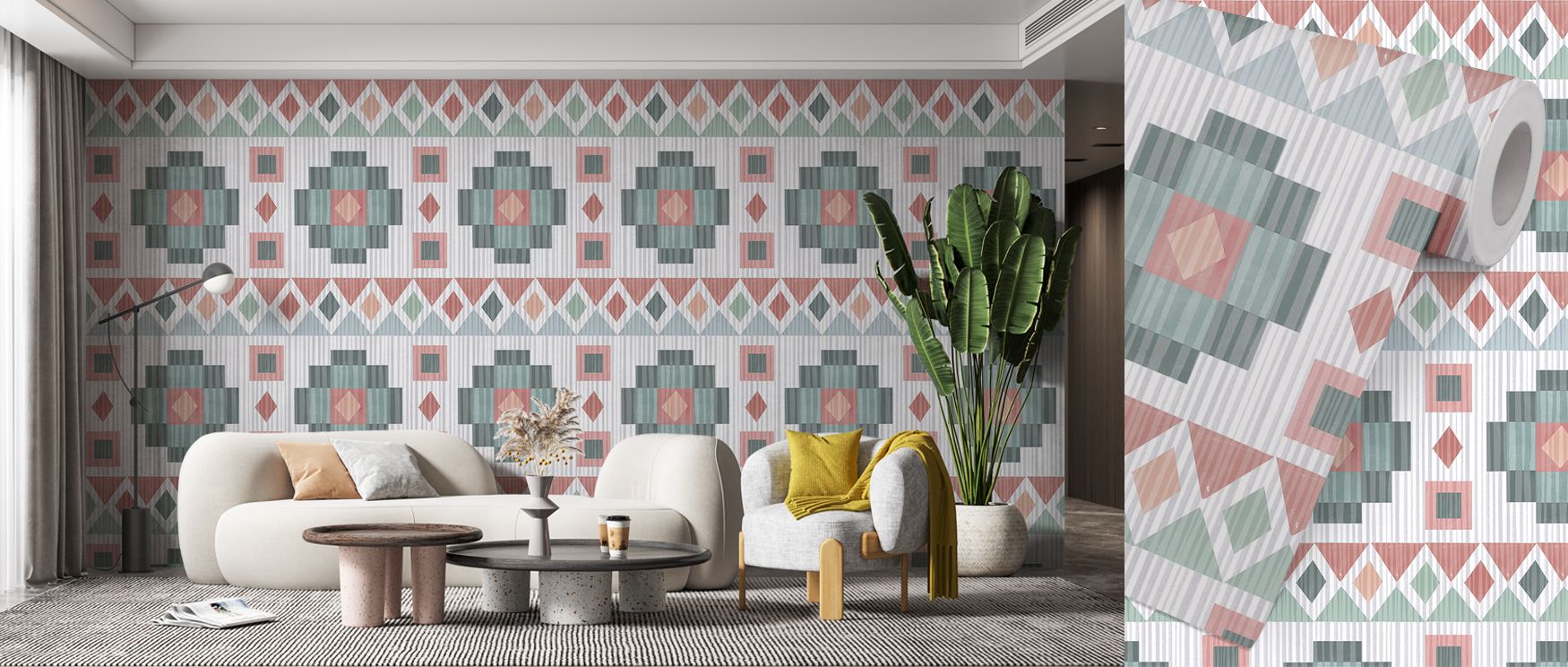 Ikat-inspired motifs rendered in abstract forms spread across the wallpaper, enriching interiors with cultural artistry and refinement. Bedrooms, offices, or living areas gain vibrancy as walls transform into bold cultural statements filled with charm, ba