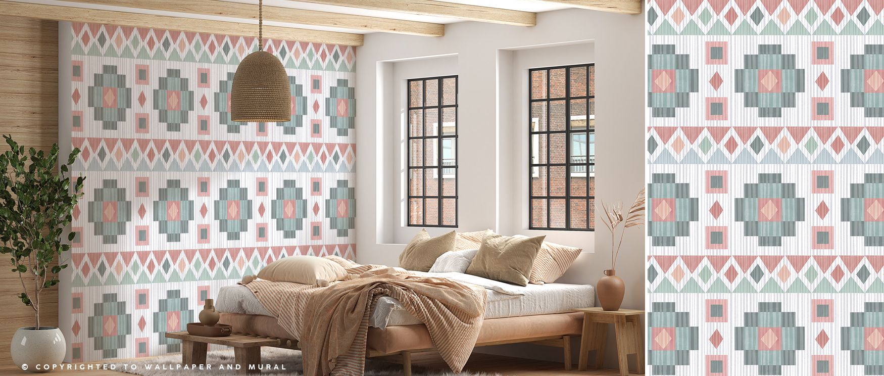 Cultural Ikat motifs illustrated in abstract tones fill the wallpaper with artistry and rhythm. Bedrooms, offices, or living areas become enriched retreats where walls radiate creativity, charm, and balance. Interiors are transformed into stylish showcase