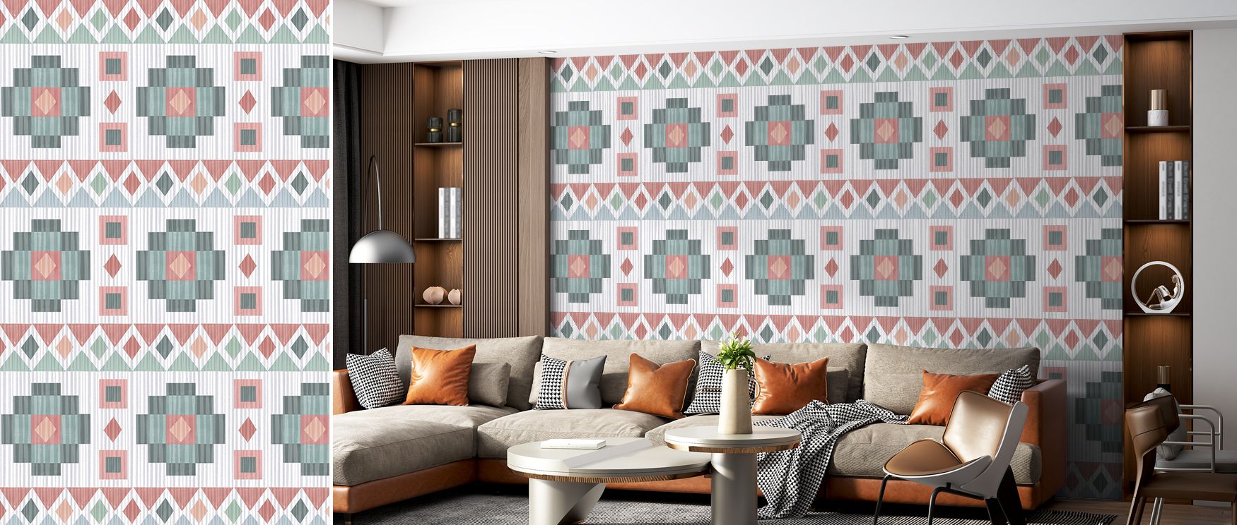 Traditional Ikat imagery illustrated in bold forms enriches interiors with artistry, charm, and cultural depth. Bedrooms, living rooms, or offices gain balance and refinement as walls transform into patterned backdrops filled with heritage inspiration and