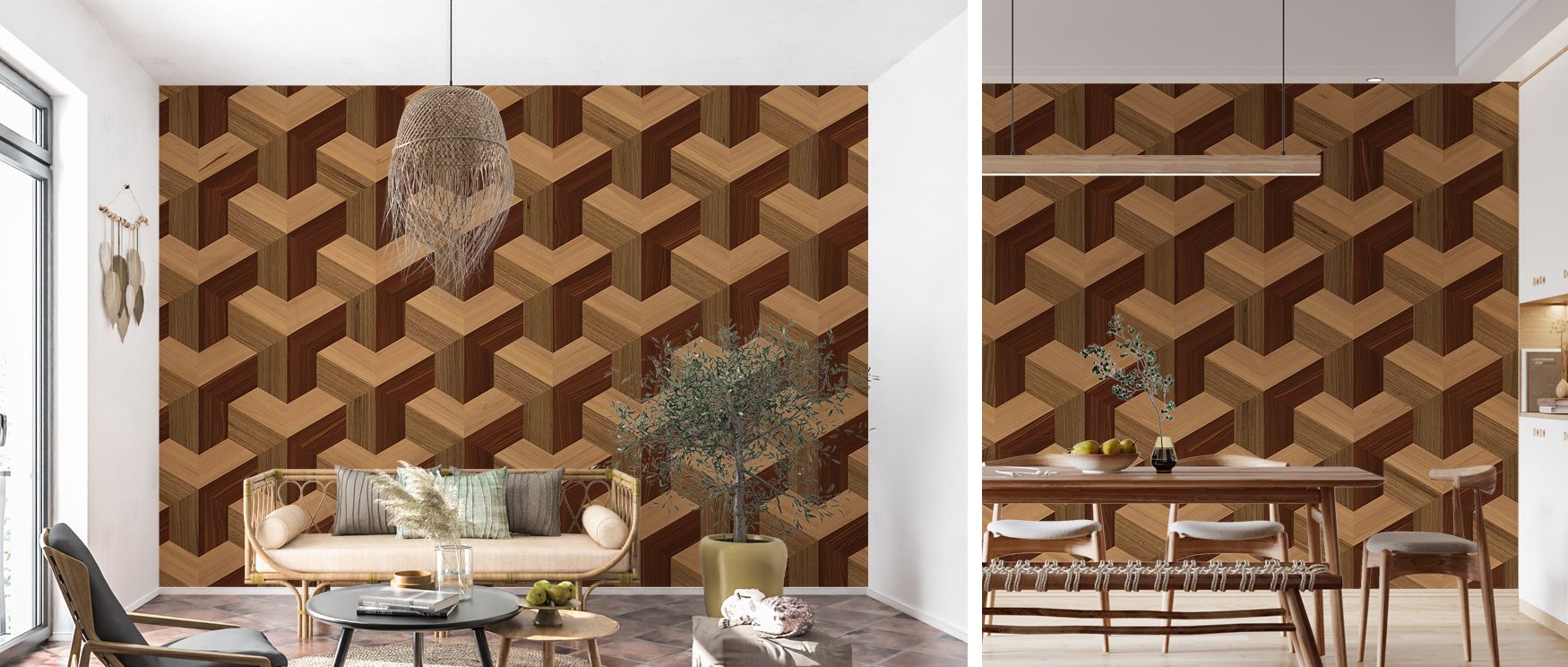 With repeating patterns that suggest natural continuity, this wallpaper becomes a timeless backdrop, blending rustic authenticity with abstract sophistication, ensuring living rooms or lounge areas glow with character and stylish charm.