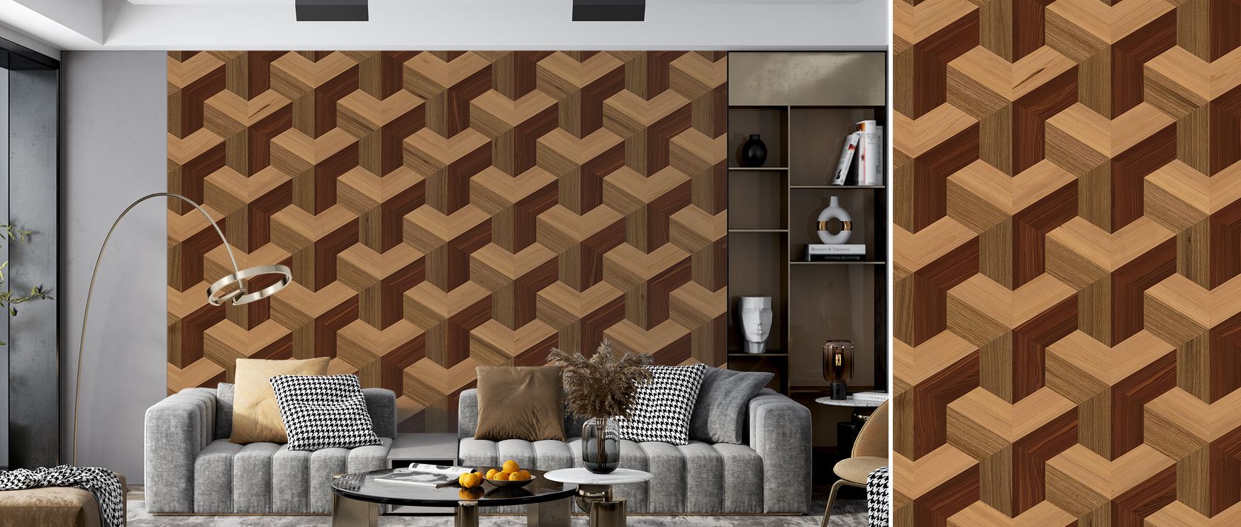 Infinity Wood Abstract Wallpaper inspires interiors with depth and texture, offering warmth to minimalistic spaces while adding refinement to industrial ones, creating versatile style for bedrooms, lounges, or offices.