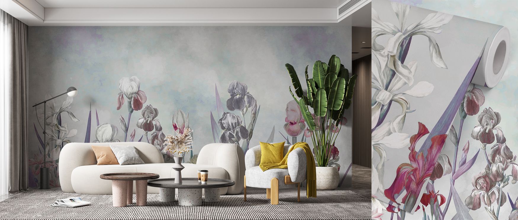 This wallpaper design radiates natural charm, with floral motifs layered like a painter’s brushstrokes, bringing living rooms an atmosphere of freshness and sophistication, creating stylish interiors that remain warm, soothing, and endlessly inviting with