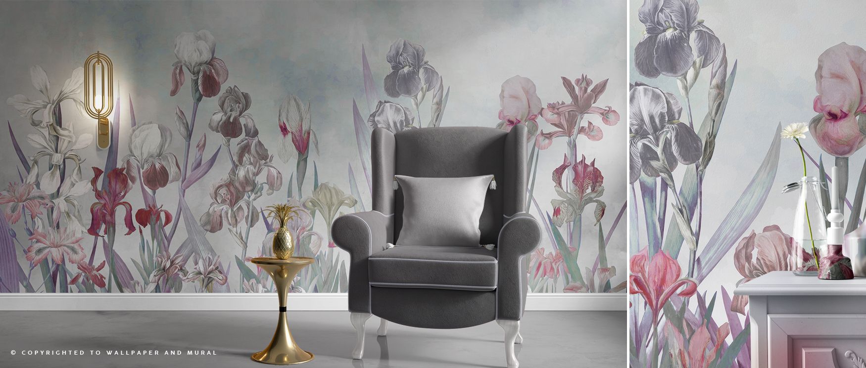 Iris Field Blueish Floral Wallpaper fills spaces with visual poetry, capturing the calm grace of blooming petals, making studies or offices places of quiet reflection and creative energy, enriched by the serenity and elegance the floral design imparts nat