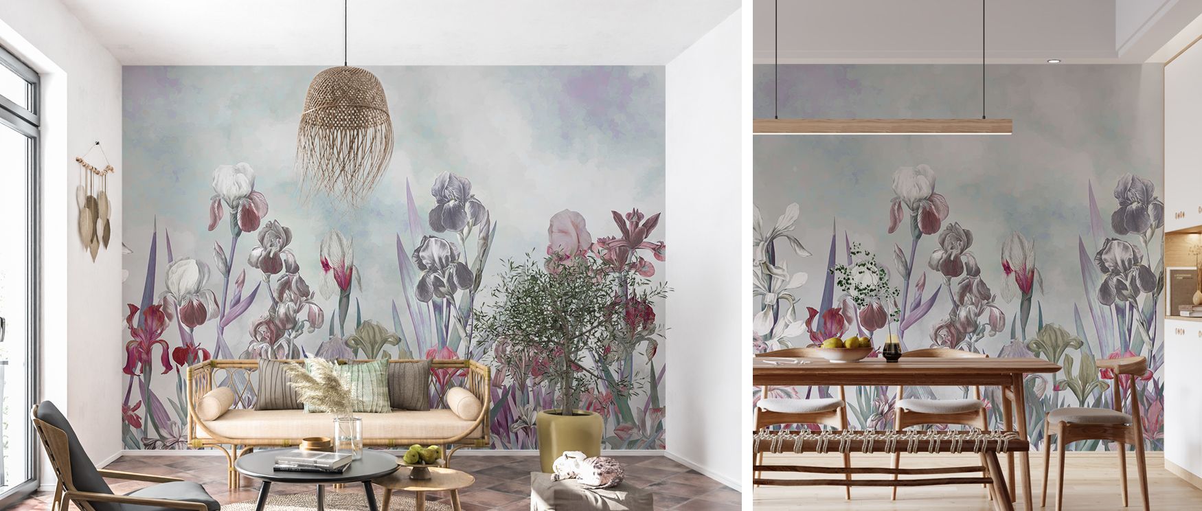 Iris Field Blueish Floral Wallpaper combines subtle complexity with timeless simplicity, making spaces like dining areas or personal reading nooks feel both artistic and soothing, giving interiors the presence of floral gardens in delicate bloom indoors.