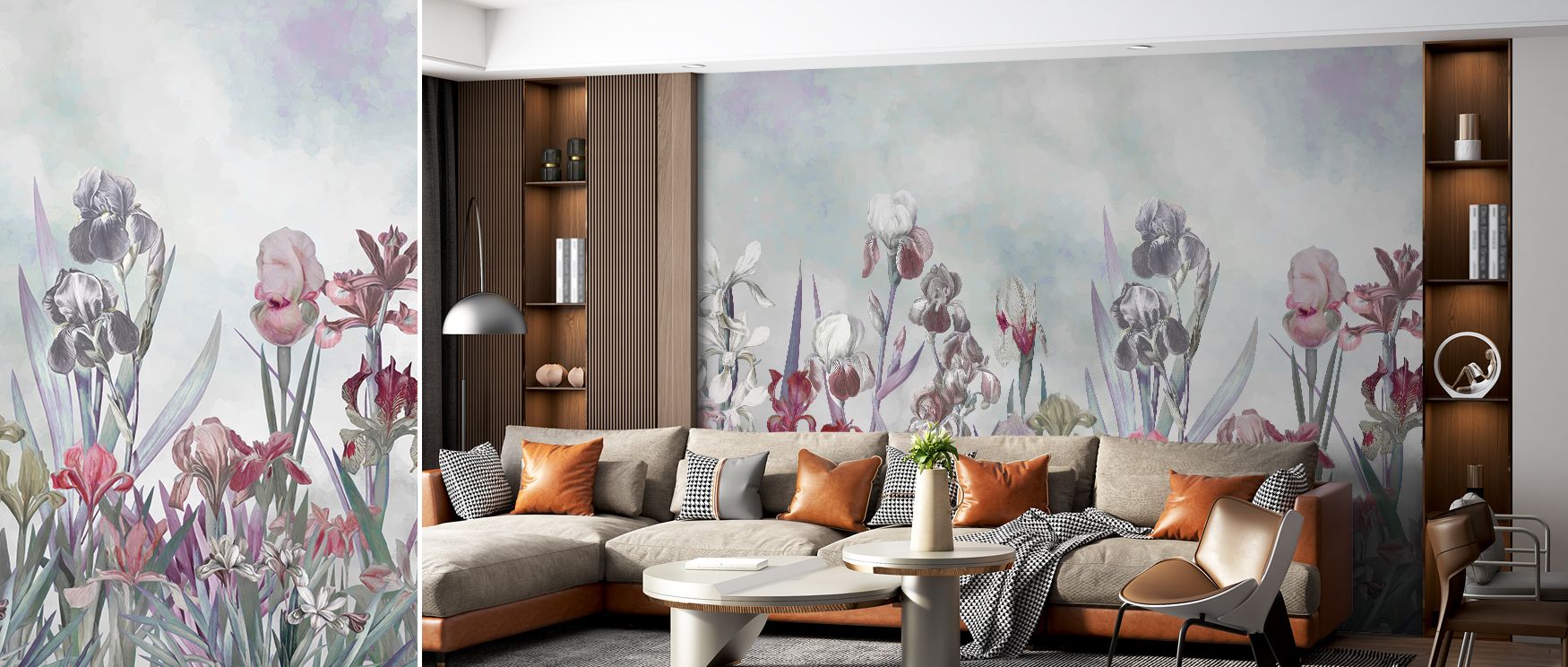 Iris Field Blueish Floral Wallpaper embodies serenity, ensuring bedrooms, lounges, or offices are enveloped by tranquil elegance, its motifs adding rhythm and grace while the blue tones evoke atmosphere that feels endlessly calming and stylish.