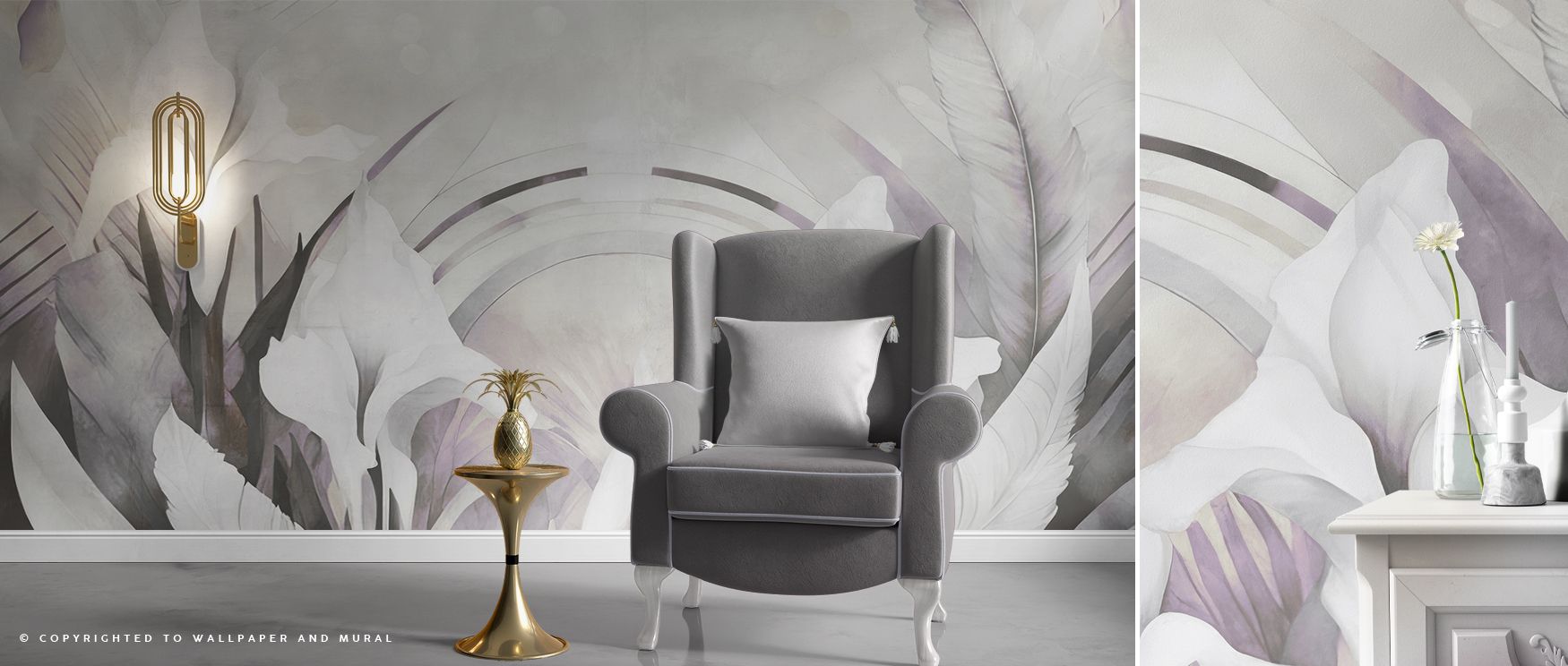 Irises and Feathers Smoke Wallpaper creates rhythm across the wall, blending nature’s softness with refined artistic touch, offering living areas, dining spaces, or bedrooms timeless elegance that resonates with sophistication and makes interiors calm and