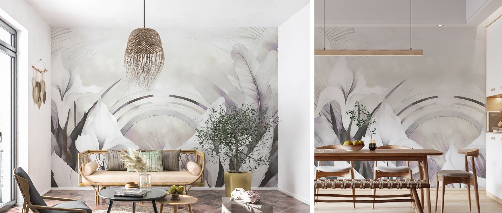 Irises and Feathers Smoke Wallpaper provides serenity by balancing delicate motifs and understated hues, creating interiors that feel refined, graceful, and inviting, ideal for bedrooms or offices seeking calm and aesthetic depth in every corner.
