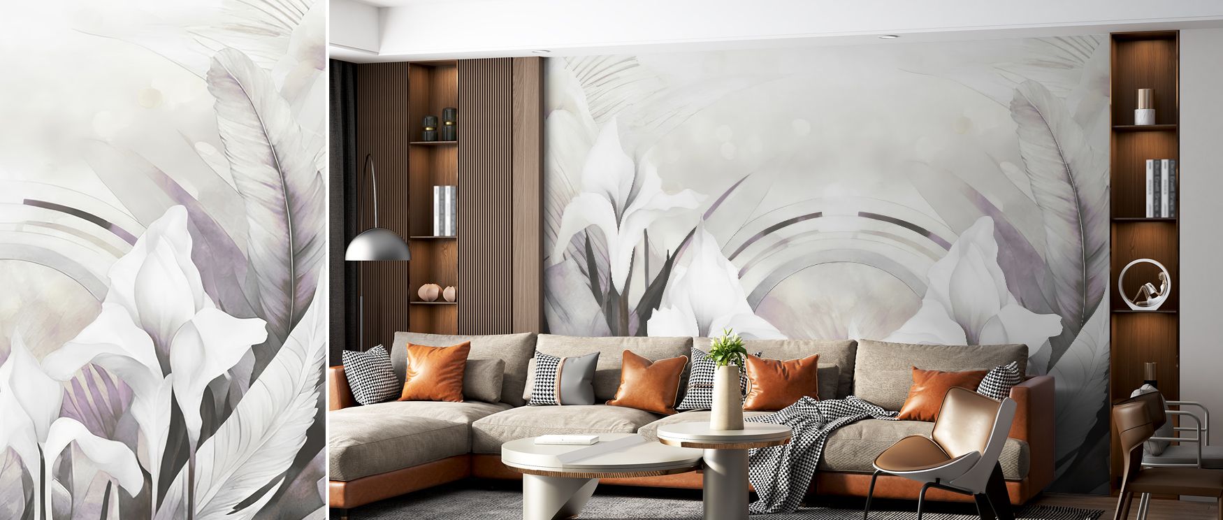 Irises and Feathers Smoke Wallpaper conveys subtle movement, as feathers and blossoms flow gently across walls, adding life and rhythm to living rooms, studies, or creative interiors where balance and elegance are desired in daily living.