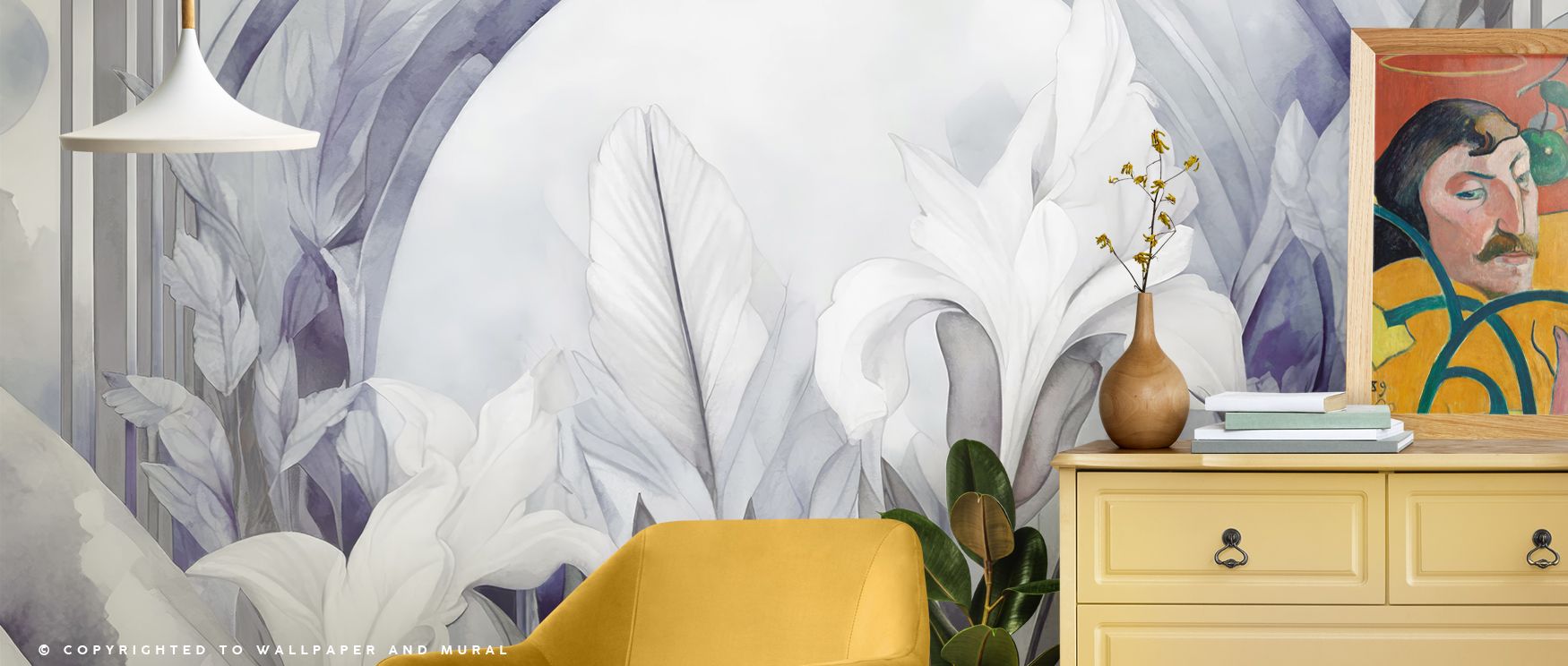 The wallpaper conveys quiet renewal, with purple floral tones suggesting freshness of morning light, filling bedrooms or reflective spaces with calm atmosphere that blends relaxation with sophistication, enhancing interiors with warmth and delicate rhythm