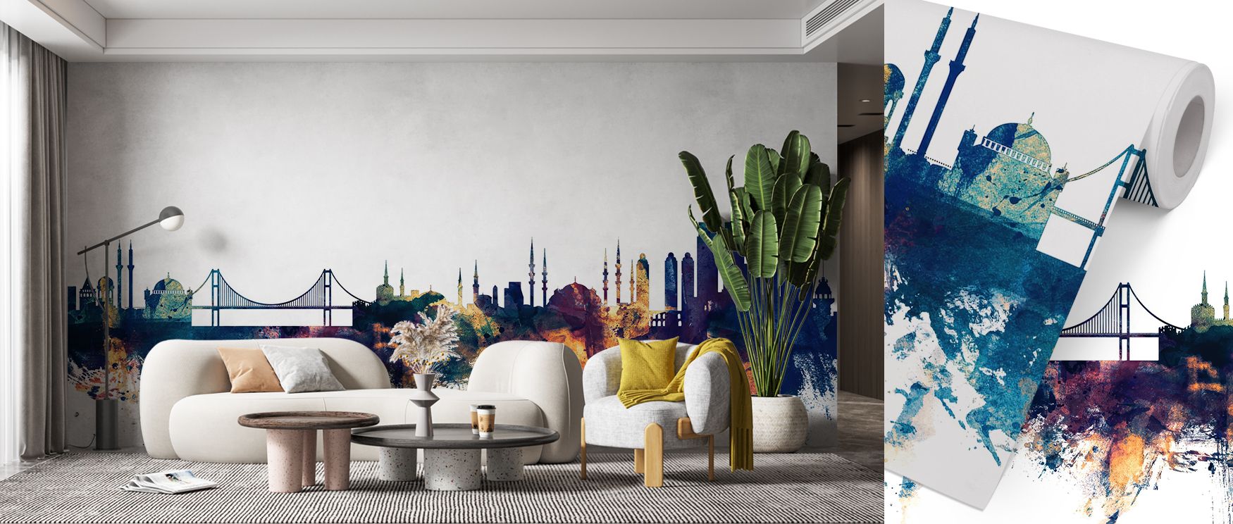 The design captures architectural silhouettes bathed in blue and bronze, transforming walls into windows that look out onto Istanbul, offering bedrooms or offices an inspiring blend of sophistication and worldliness that enhances interiors with lasting pr