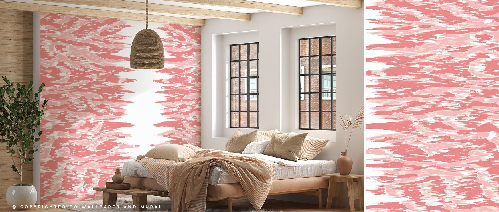 The design enriches rooms with subtle movement, as pavilion motifs unfold softly across walls, transforming interiors like living rooms or lounges into immersive spaces filled with cultural charm and graceful sophistication.