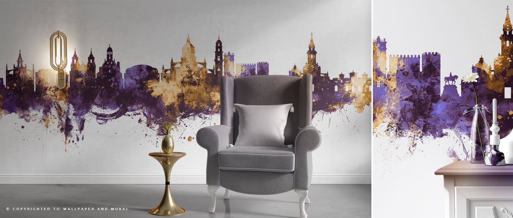 The glowing skyline feels radiant as purple shadows contrast beautifully with golden accents, offering a sense of depth and movement. This design creates a focal point ideal for living spaces, bedrooms, or offices, where walls become windows into the beau