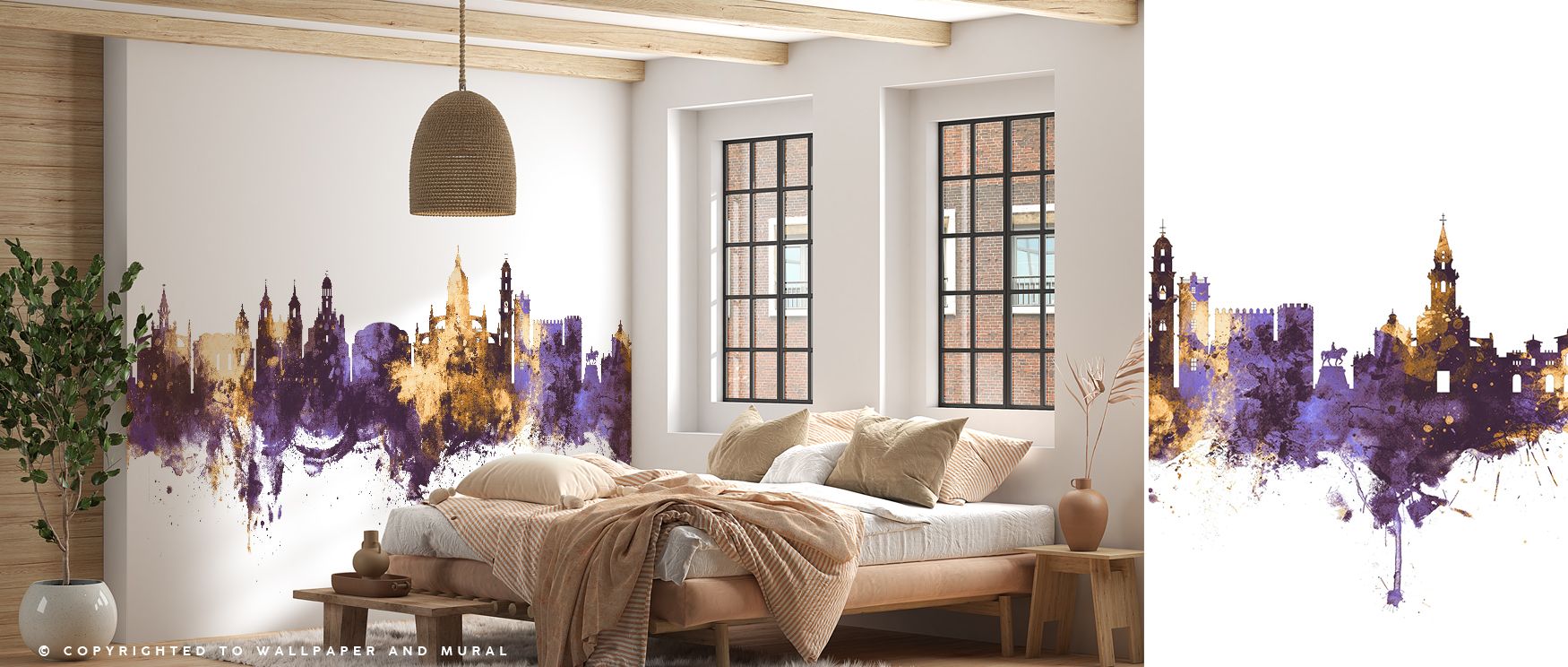 The design blends bold purple with golden highlights, drawing the eye to the architecture of Jerez’s skyline. Each detail adds dimension and depth, making walls appear alive with cultural richness, suited for living rooms, bedrooms, or office spaces. 