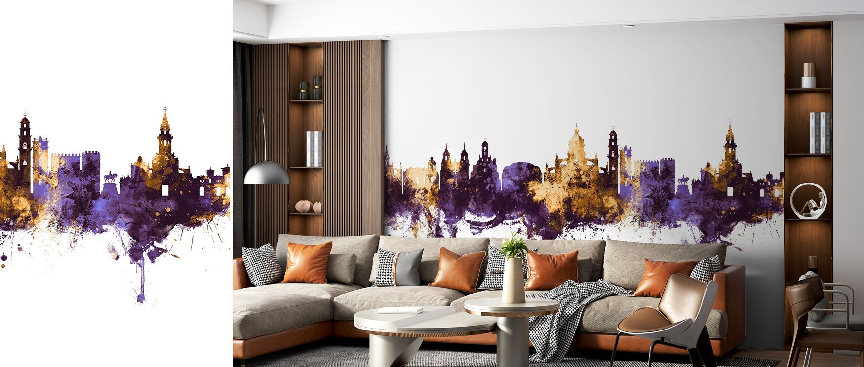 Luminous gold enhances the architectural details while deep purple provides dramatic contrast, bringing a radiant Spanish skyline indoors. This wallpaper elevates interiors with a refined cultural statement, inspiring admiration and warmth in every space.