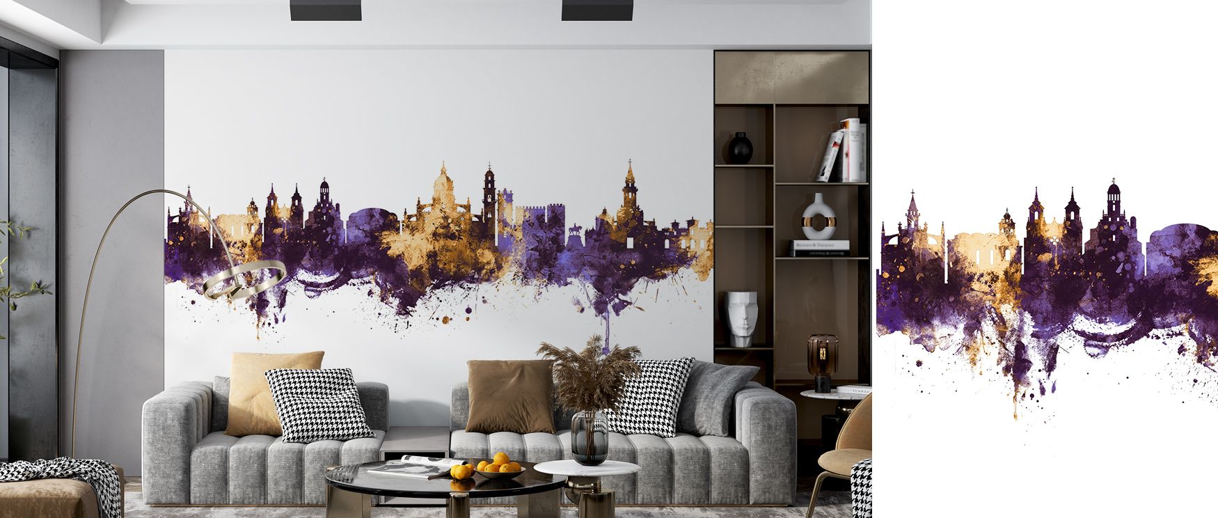 The artistry of Jerez’s skyline unfolds through golden accents glowing over deep purple shadows. This composition enhances walls with refined charm and modern elegance, creating a transformative look perfect for bedrooms, offices, or living rooms. 