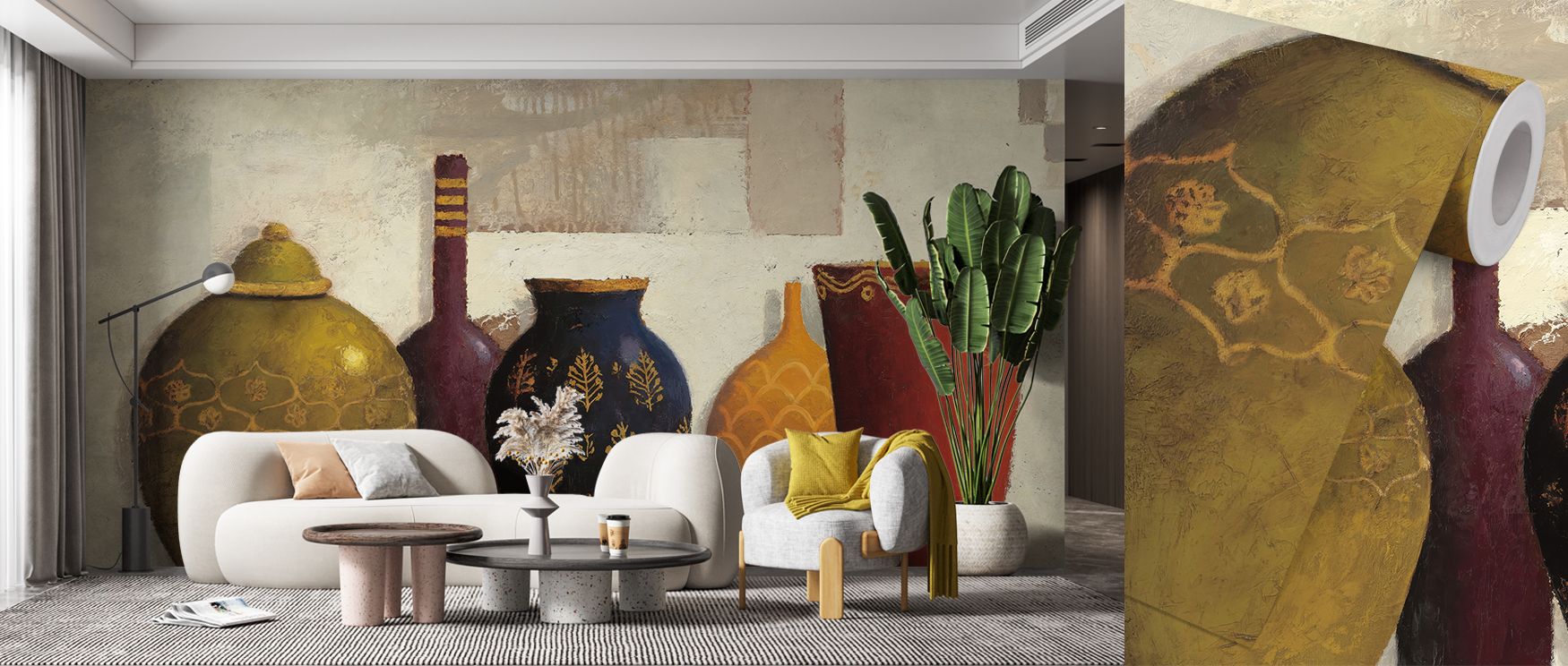 The abstract design uses rich jewel tones to highlight shapes that suggest movement and depth. This wallpaper transforms spaces into dynamic environments that feel luxurious and artistic, suitable for living, office, or bedroom settings. 