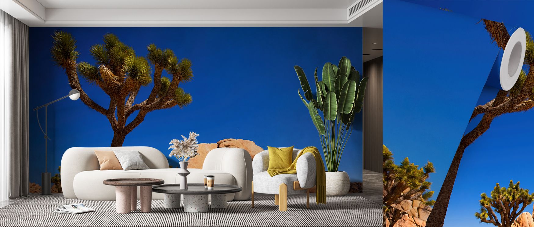 Earthy colors and iconic desert shapes combine to evoke the quiet majesty of Joshua Tree. The wallpaper creates interiors that feel natural and open, perfect for rooms where relaxation or inspiration is desired. 