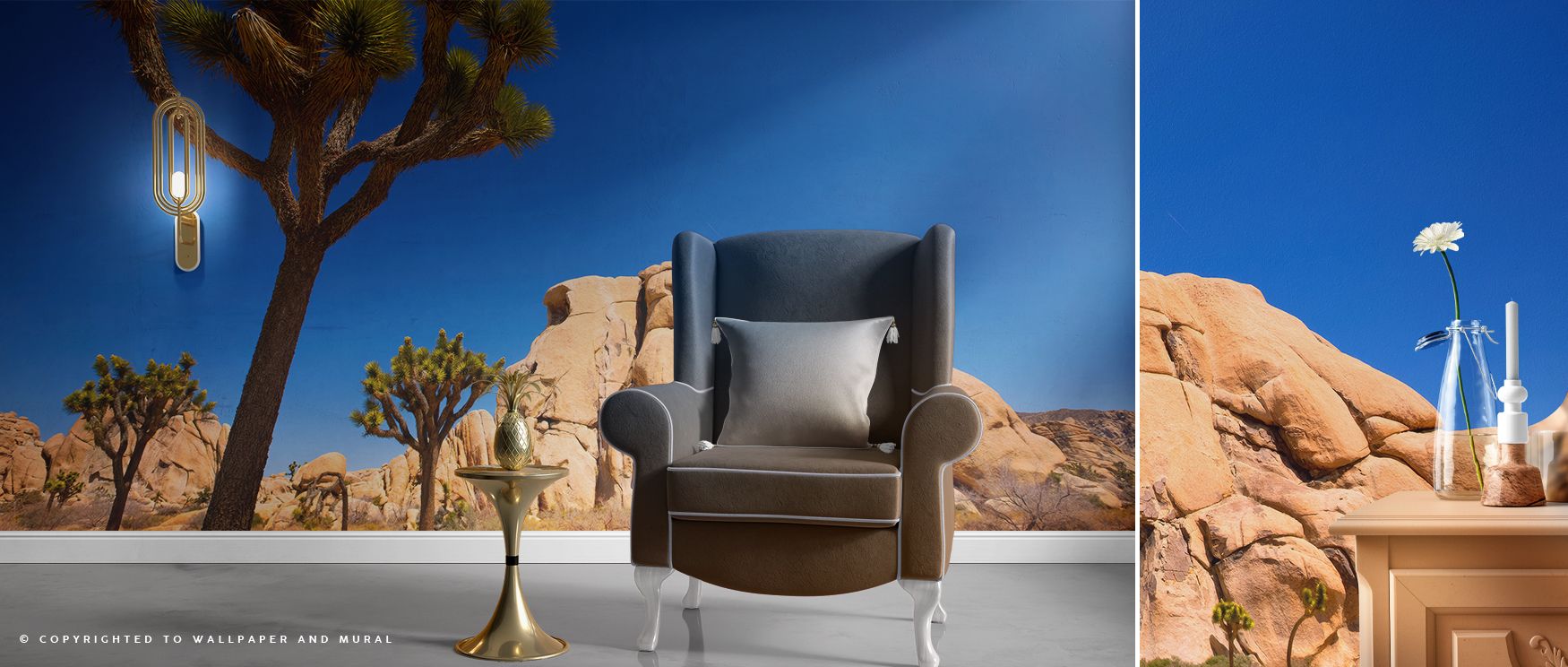 Iconic Joshua Tree silhouettes stand against desert backdrops, infusing interiors with rugged character. This wallpaper enhances spaces with natural tranquility, making walls feel alive with the spirit of exploration and calm. 