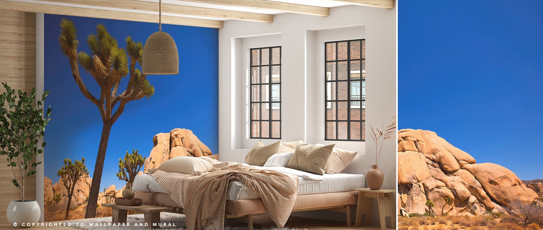 The desert horizon captured in soft tones turns interiors into spaces of quiet inspiration. Joshua Tree motifs radiate warmth, ideal for transforming bedrooms, offices, or living rooms with grounded serenity. 