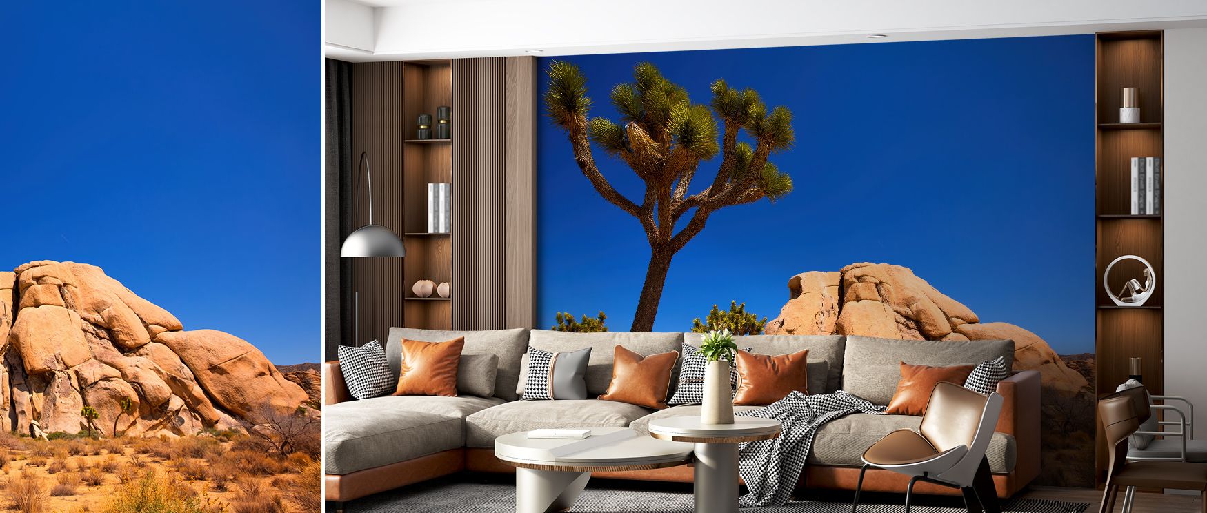 With rocky textures and desert plant silhouettes, this wallpaper adds rugged charm to interiors. It creates walls that feel naturally alive, filled with the balance of beauty and calm found in Joshua Tree. 