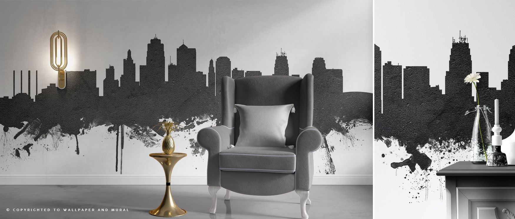 This wallpaper celebrates the drama of architecture, each building standing tall in bold relief, while the palette of black and white maintains timelessness. Bedrooms or creative studios gain inspiration from the city’s skyline, as the design encourages f
