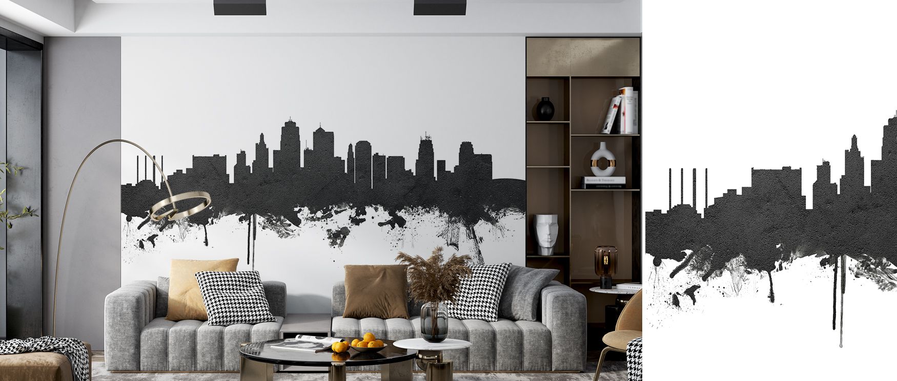 Kansas City’s skyline depicted in refined tones offers homes a cosmopolitan touch. Bedrooms feel sophisticated and tranquil, while living areas glow with a chic, urban vibe. The design’s balance of dark and light ensures versatility, creating harmony acro