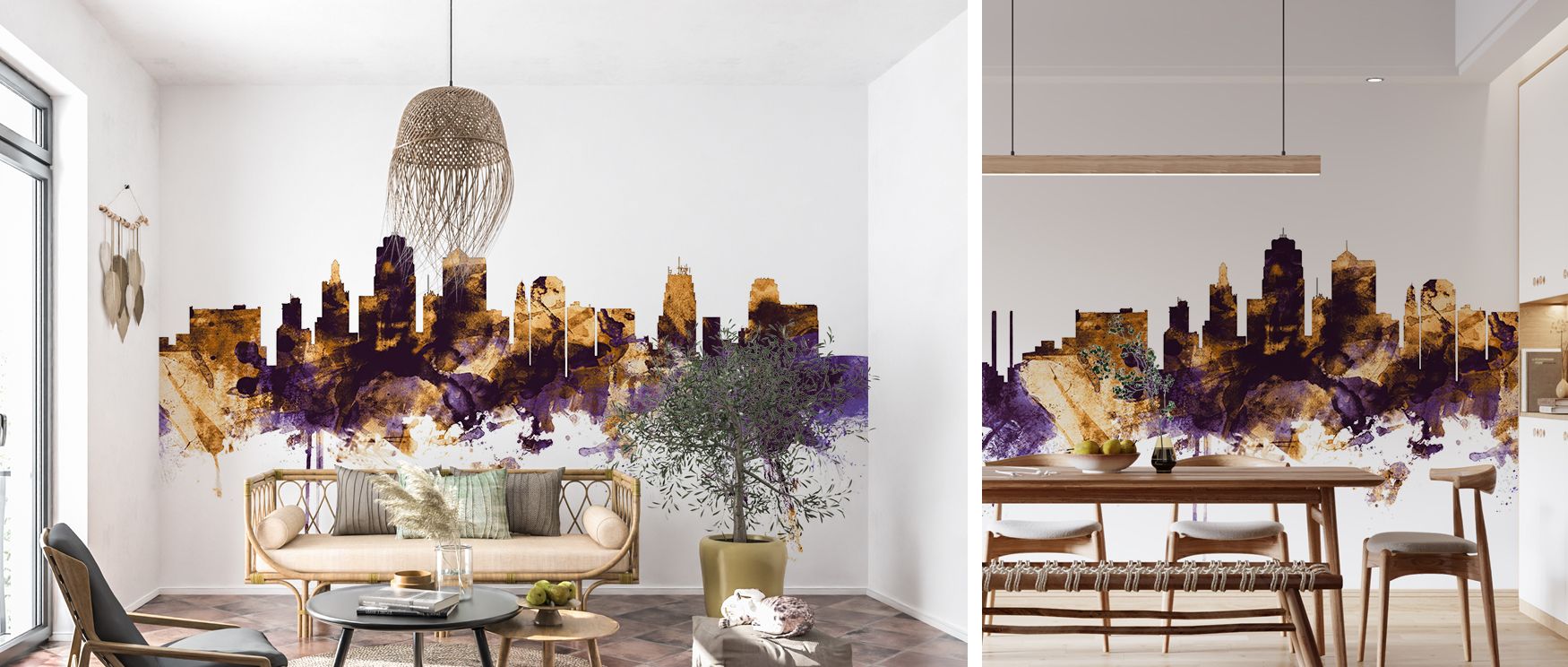 Architectural skyline motifs of Kansas City painted in regal purple and gold enrich interiors with artistry and charm, turning bedrooms, offices, or living areas into cultural retreats filled with urban refinement and stylish heritage. 