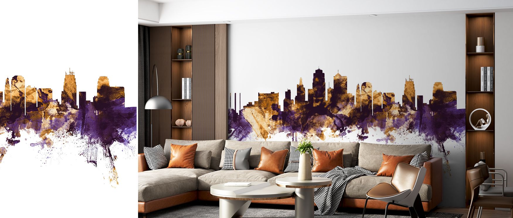 Purple and gold skyline imagery of Kansas City enriches interiors with artistry and charm, turning bedrooms, offices, or living spaces into cultural retreats filled with urban beauty and sophistication that radiates timeless refinement. 