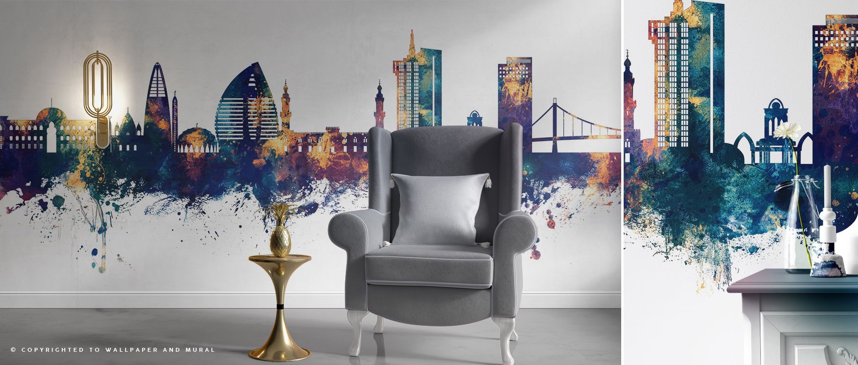 The design brings balance between bronze’s warmth and blue’s calmness. Each skyline element adds rhythm across walls, making rooms feel alive and enriched. Living areas carry atmosphere, bedrooms glow with quiet refinement, and offices gain elegant profes