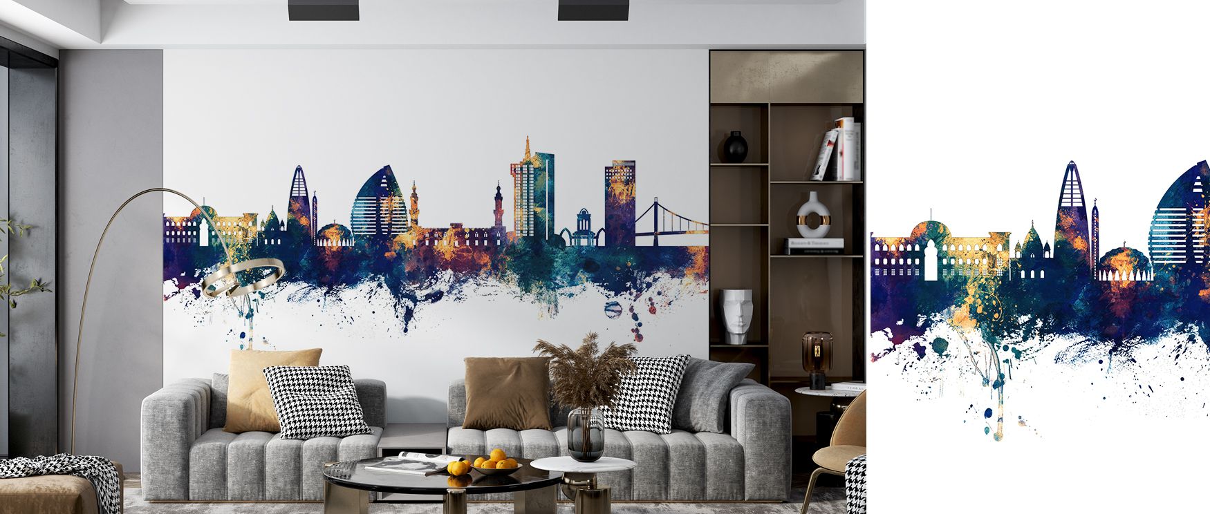 The wallpaper’s scenic artistry creates refined narratives on walls. Each skyline silhouette adds presence, while bronze tones suggest warmth and blue carries calm. Bedrooms, living rooms, or offices become enriched with atmosphere that feels timeless and