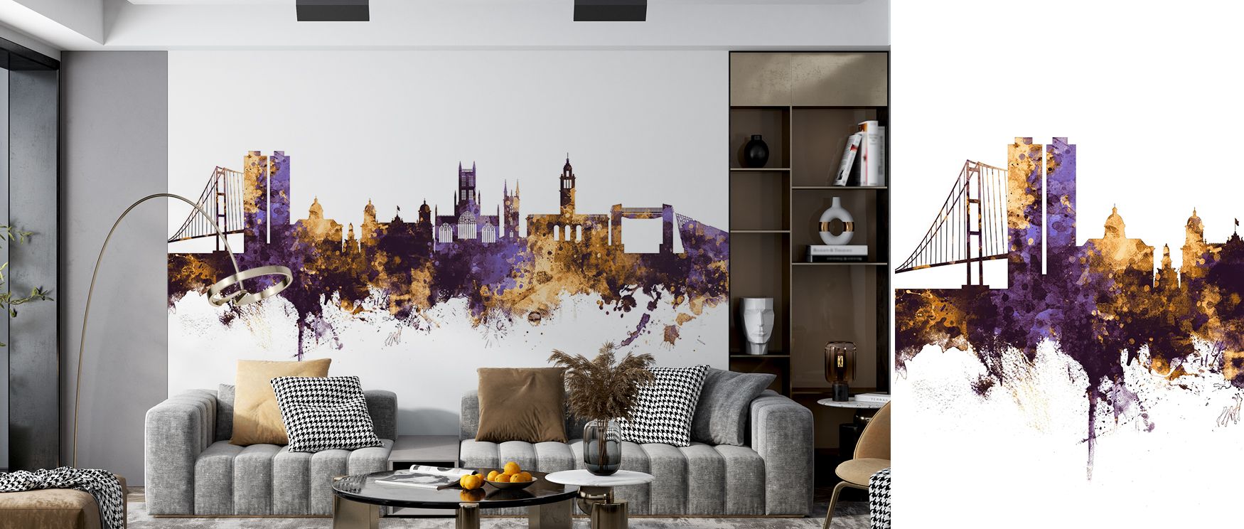 Golden brilliance enhances purple shadows, transforming architecture into glowing artistry. This wallpaper radiates sophistication, enriching interiors with English charm. 