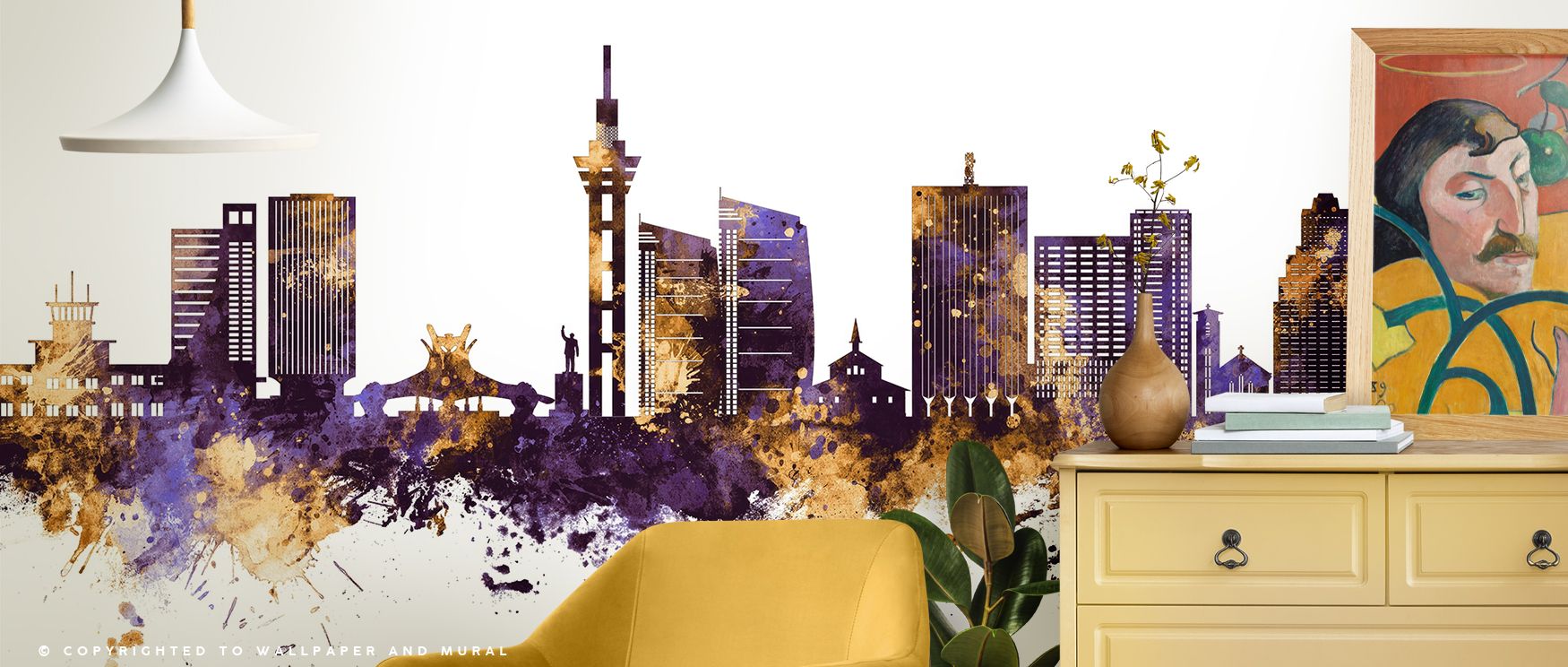 Regal purple sweeps across architecture with golden details glowing in contrast. This wallpaper design celebrates urban charm while offering walls modern refinement and elegance. 