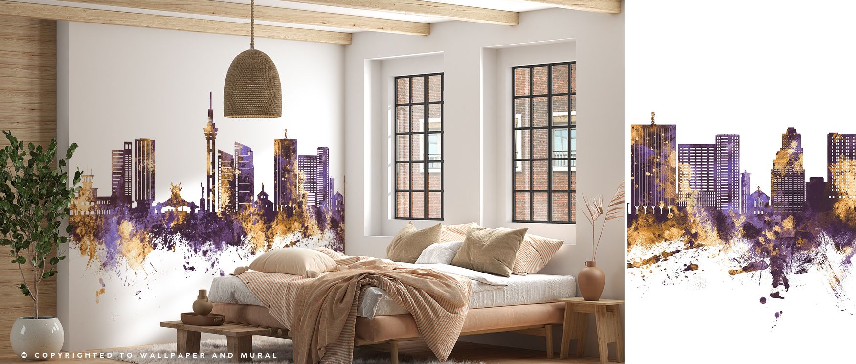 A vibrant fusion of purple and gold tones gives the Kinshasa skyline a radiant effect. The design enriches rooms with atmosphere, perfect for offices, bedrooms, or living rooms. 