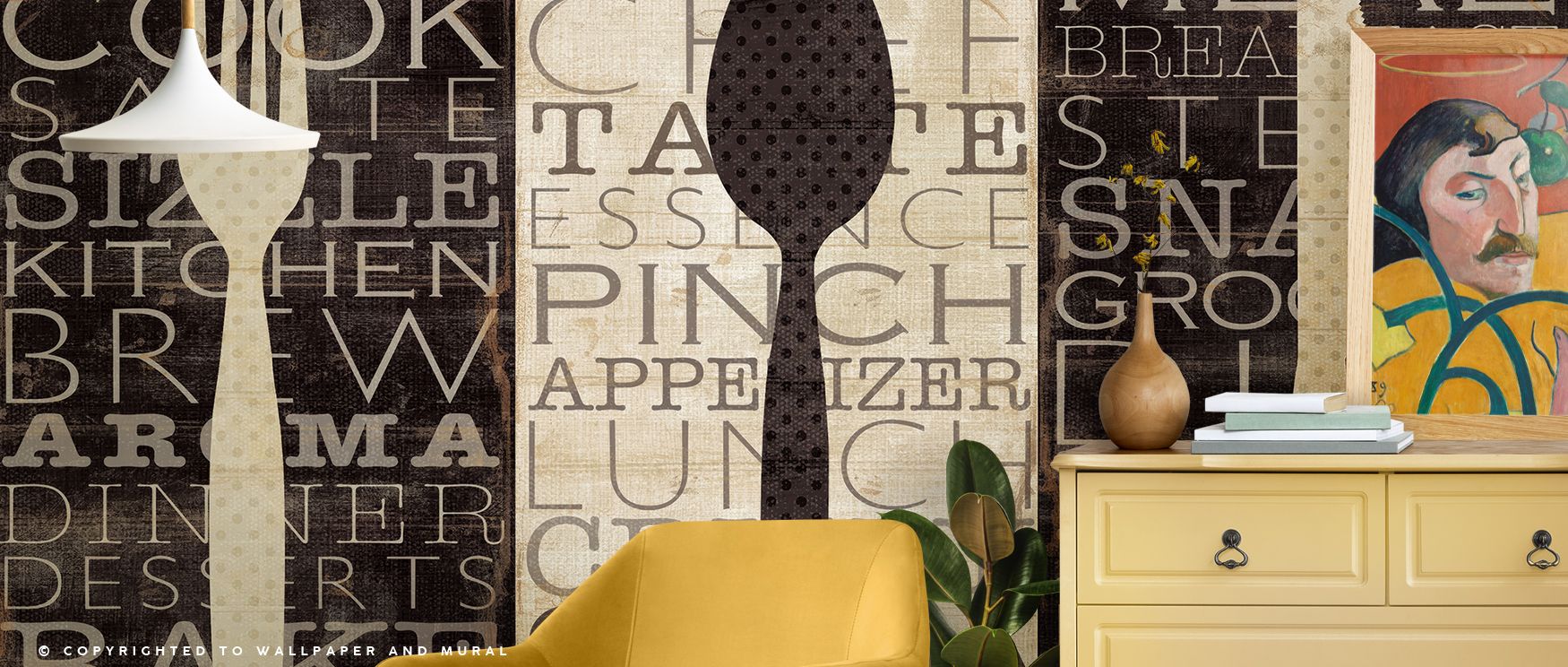 A trio of words adds creative energy and personality, transforming functional rooms into lively spaces. This wallpaper ensures kitchens and dining areas feel expressive and welcoming every day. 