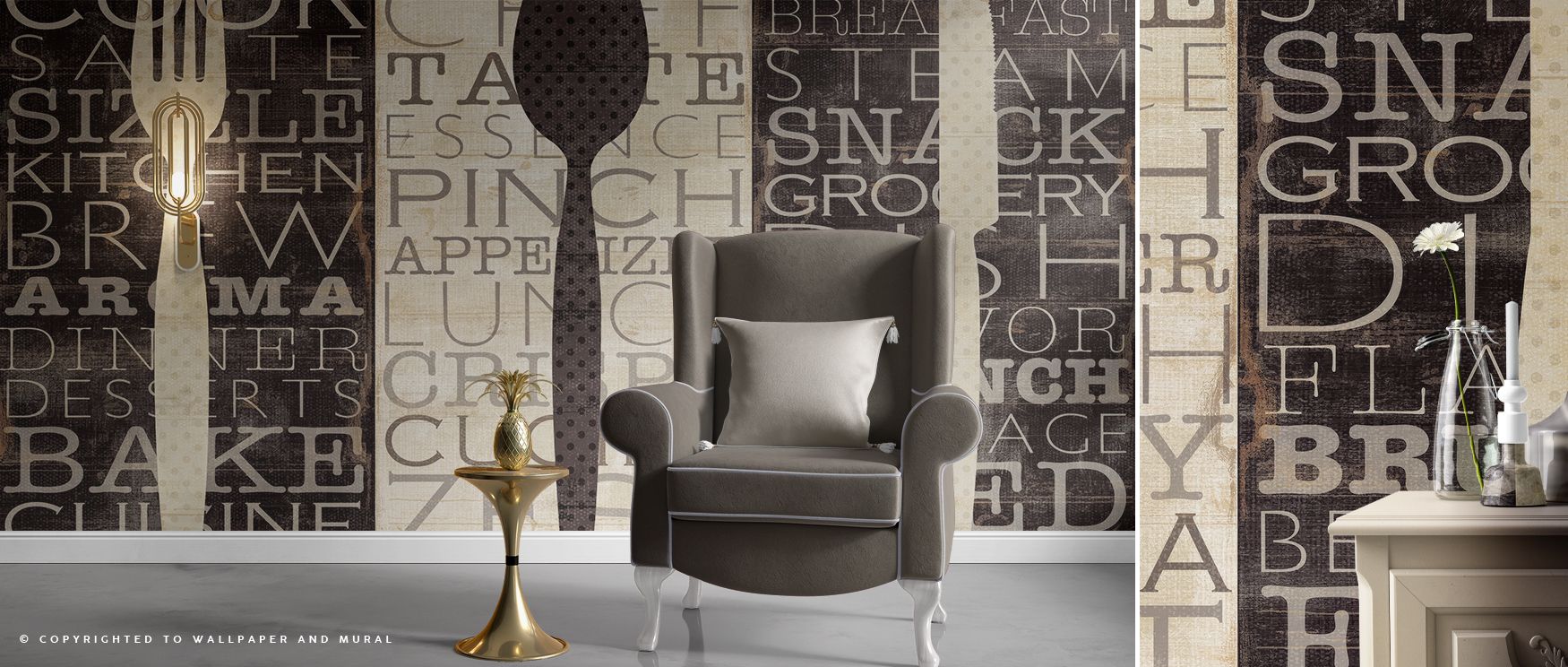 Playful typography spreads across the design, creating interiors that radiate energy. The wallpaper makes walls visually engaging, ideal for homes where kitchen and dining spaces serve as warm social hubs. 