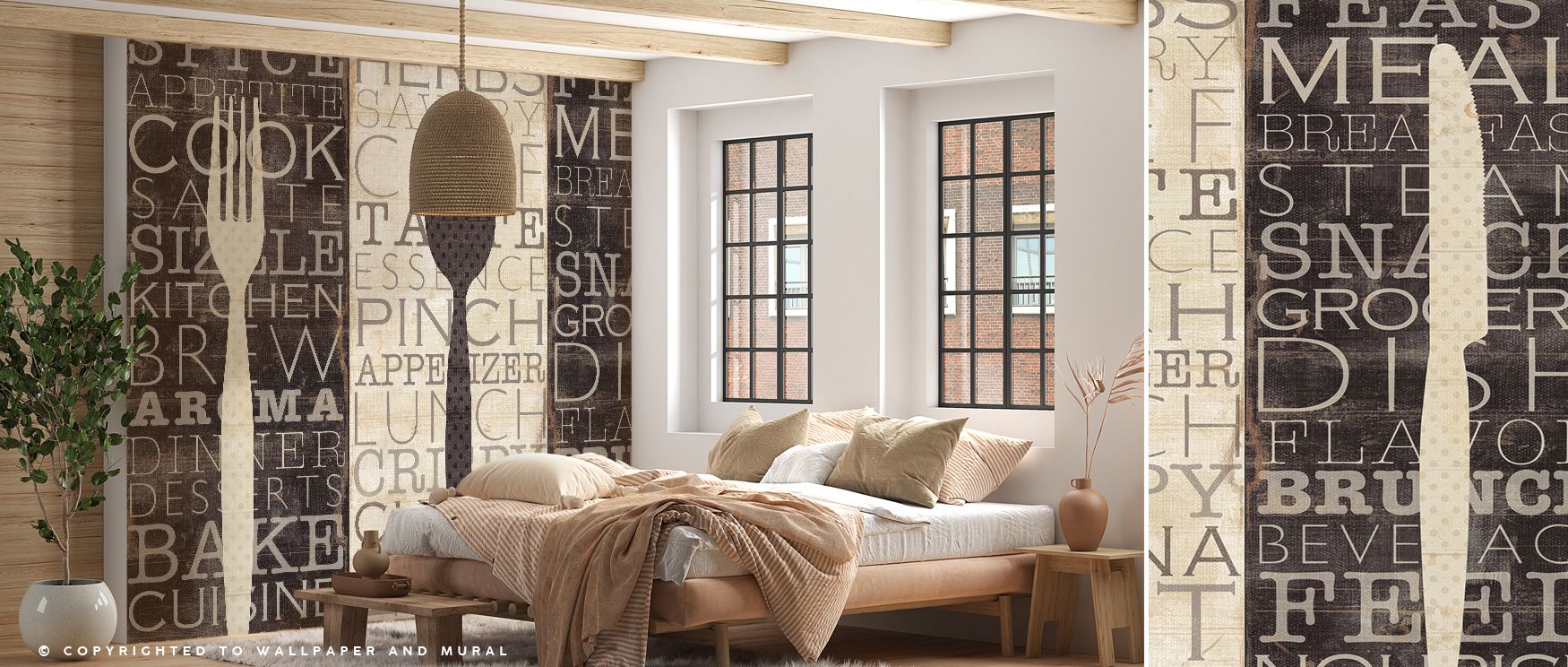Words are transformed into artistic design, filling interiors with personality. The wallpaper creates playful backdrops that energize kitchens and add warmth to spaces for shared meals. 